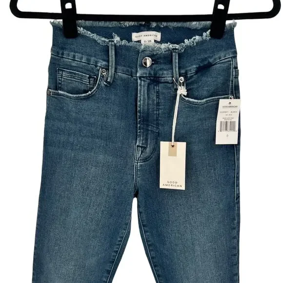 Good American Womens Good Legs Fray Waistband Skinny Jeans Size 0 Waist 25 - Picture 2 of 11